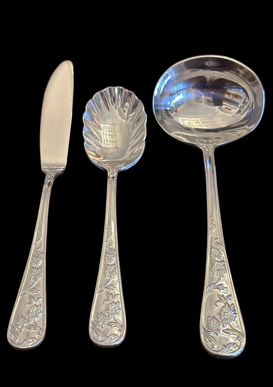 Reed & Barton QUEEN’S GARDEN 3 Pc Sugar Spoon Butter Spreader Small Ladle (Y)